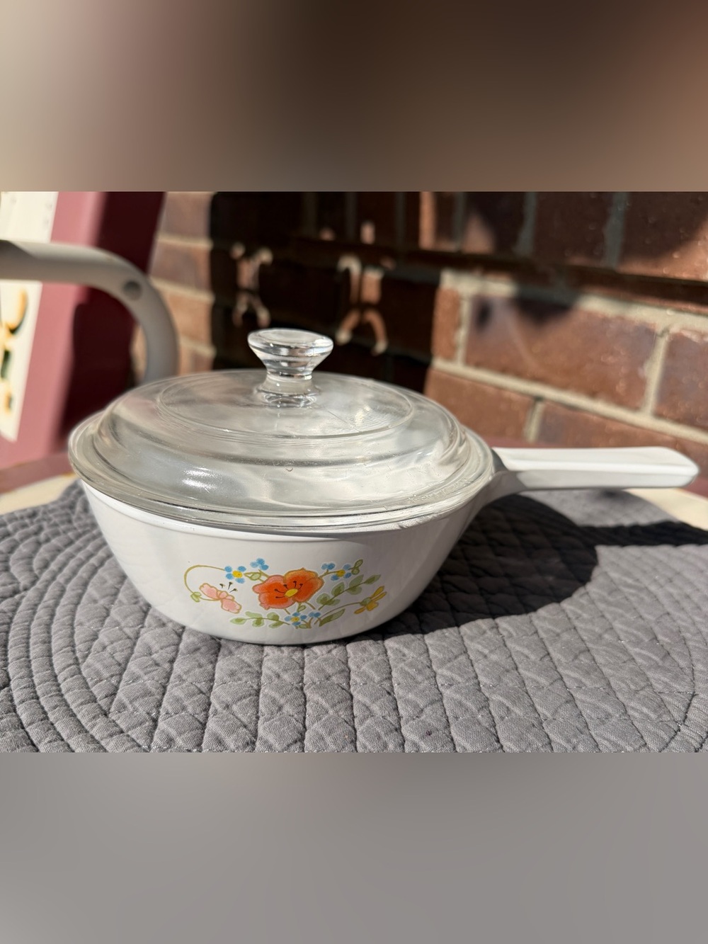 Corningware 1 Pint Baker with Orange Floral Pattern and Handle with Glass Lid